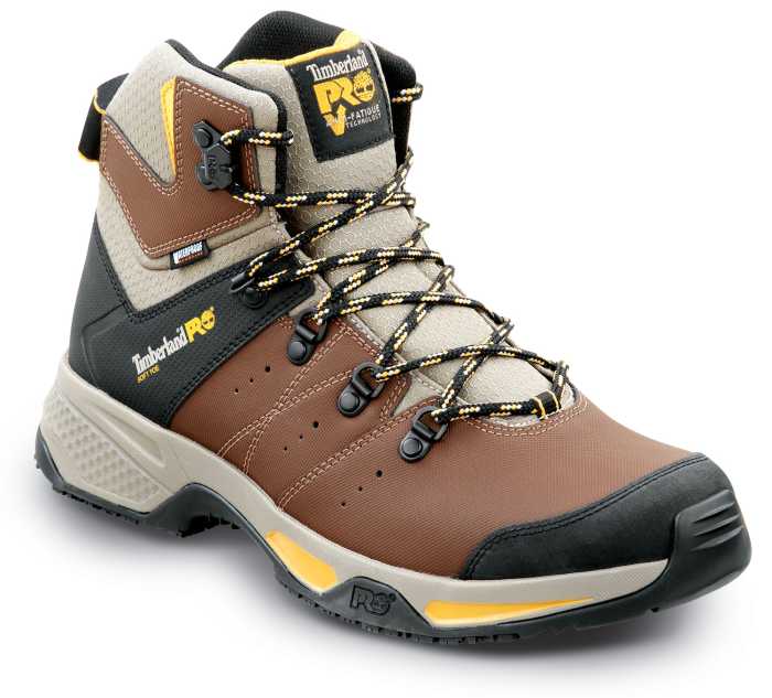 view #1 of: Timberland PRO STMA44HY Switchback, Men's, Brown/Golden Yellow, Soft Toe, EH, WP, MaxTRAX Slip-Resistant Work Hiker
