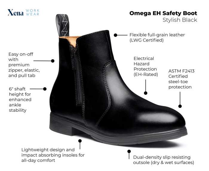alternate view #6 of: Xena Workwear XEOMBL1 Women's Omega EH Safety Boot, Stylish Black, Steel Toe, Side Zipper
